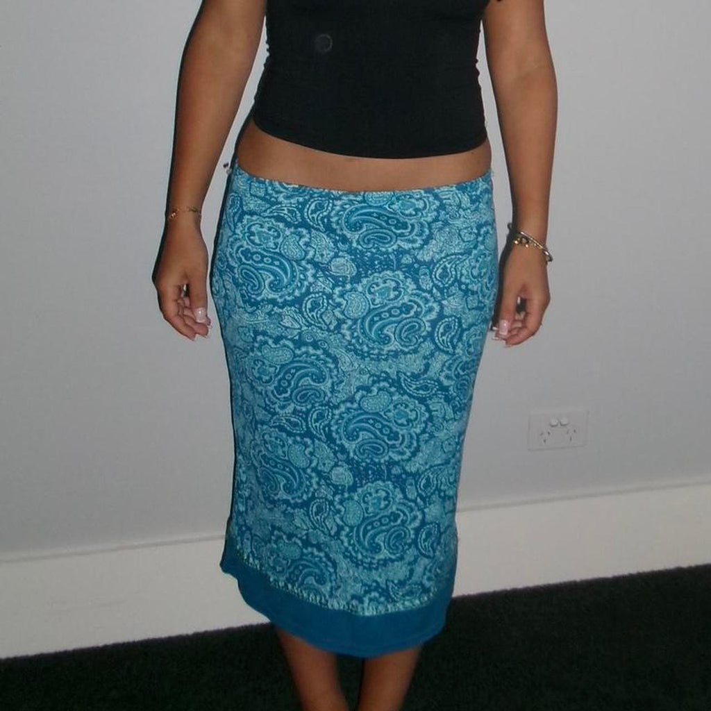 vintage turquoise printed midi skirt