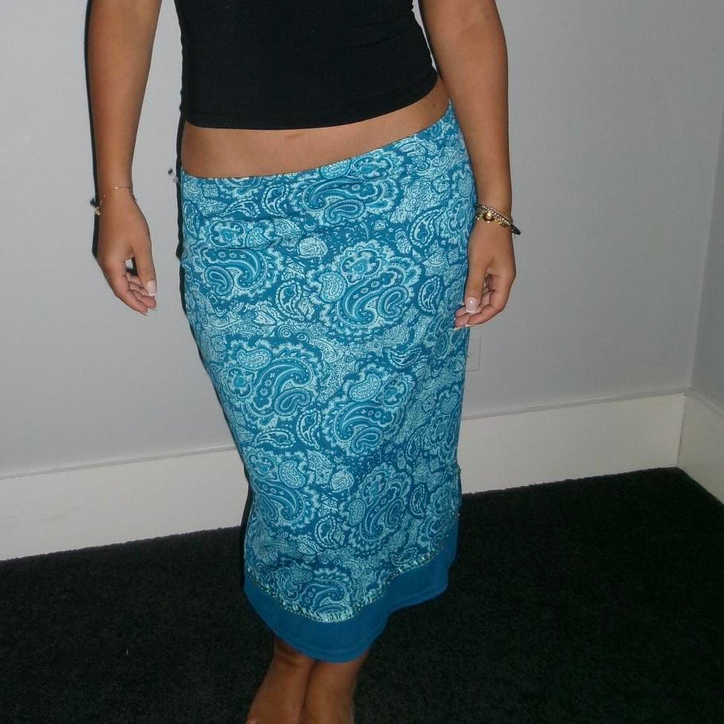 vintage turquoise printed midi skirt